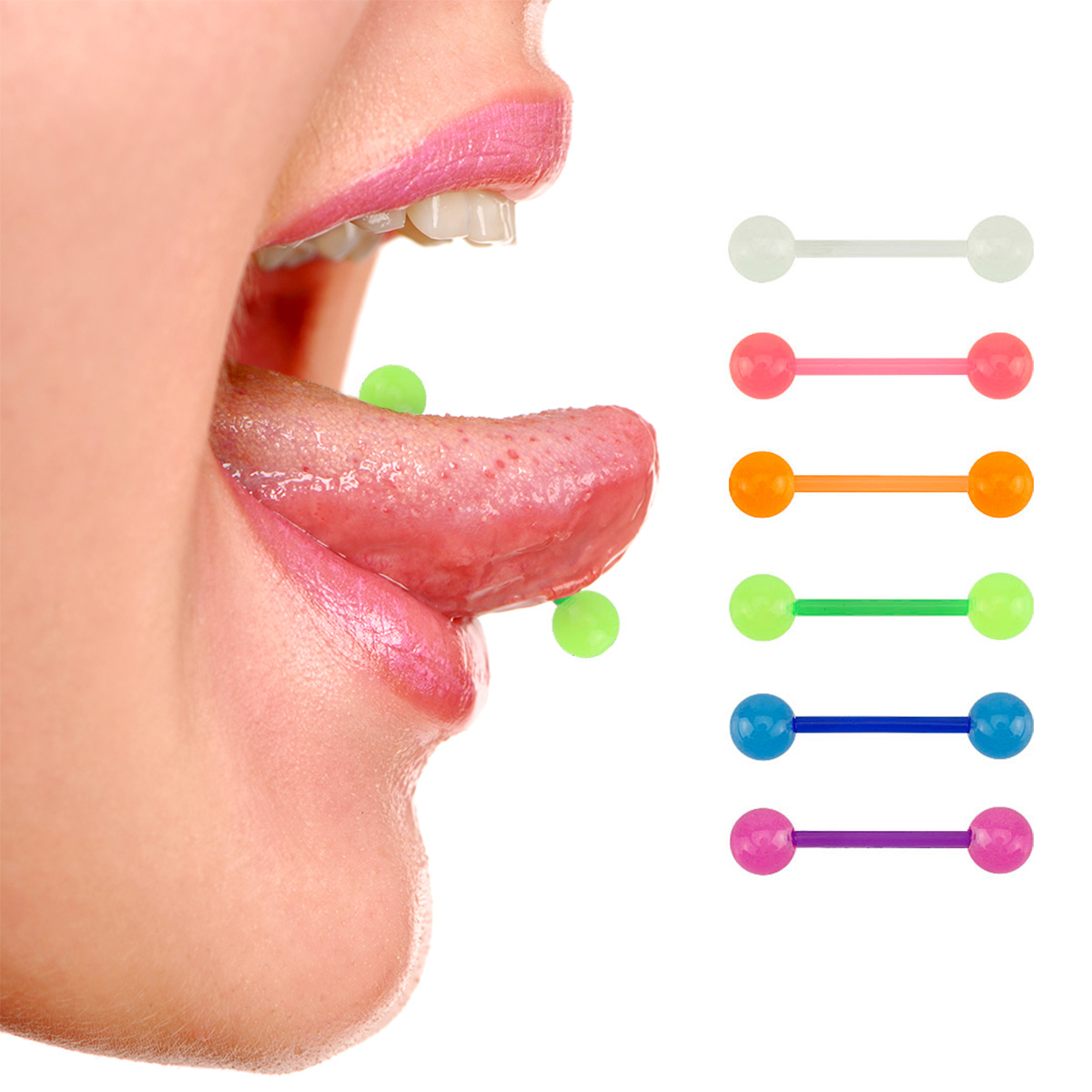 6 barbells para a língua de acrílico fosforescente