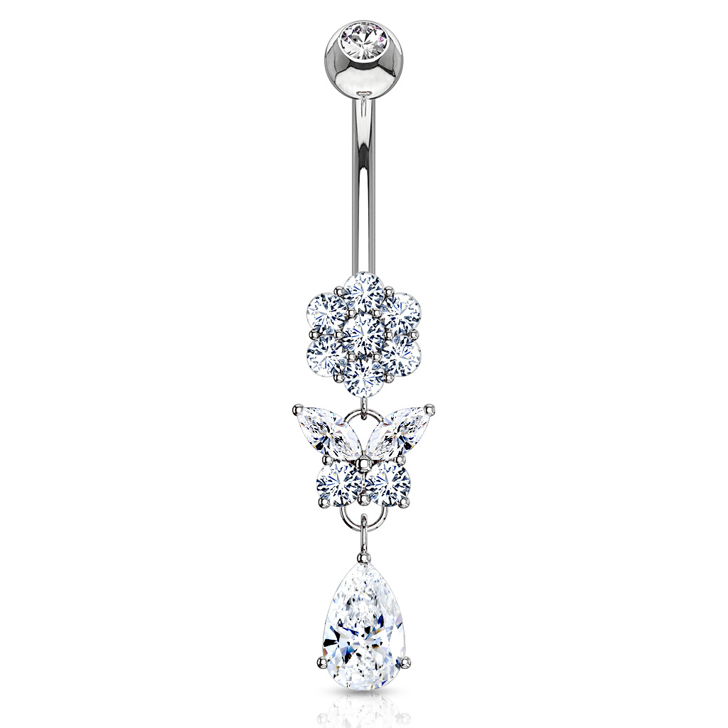 Umbigo piercing de ouro 14 quilates com uma flor, borboleta e gotas