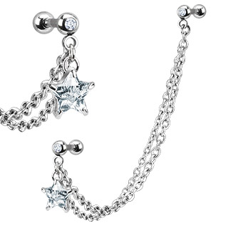 Tragus ou hélice piercing com corrente e estrela brilhante