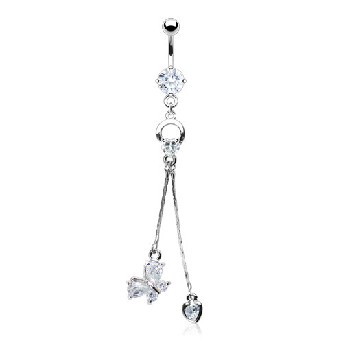 Umbigo piercing com um coração e uma borboleta