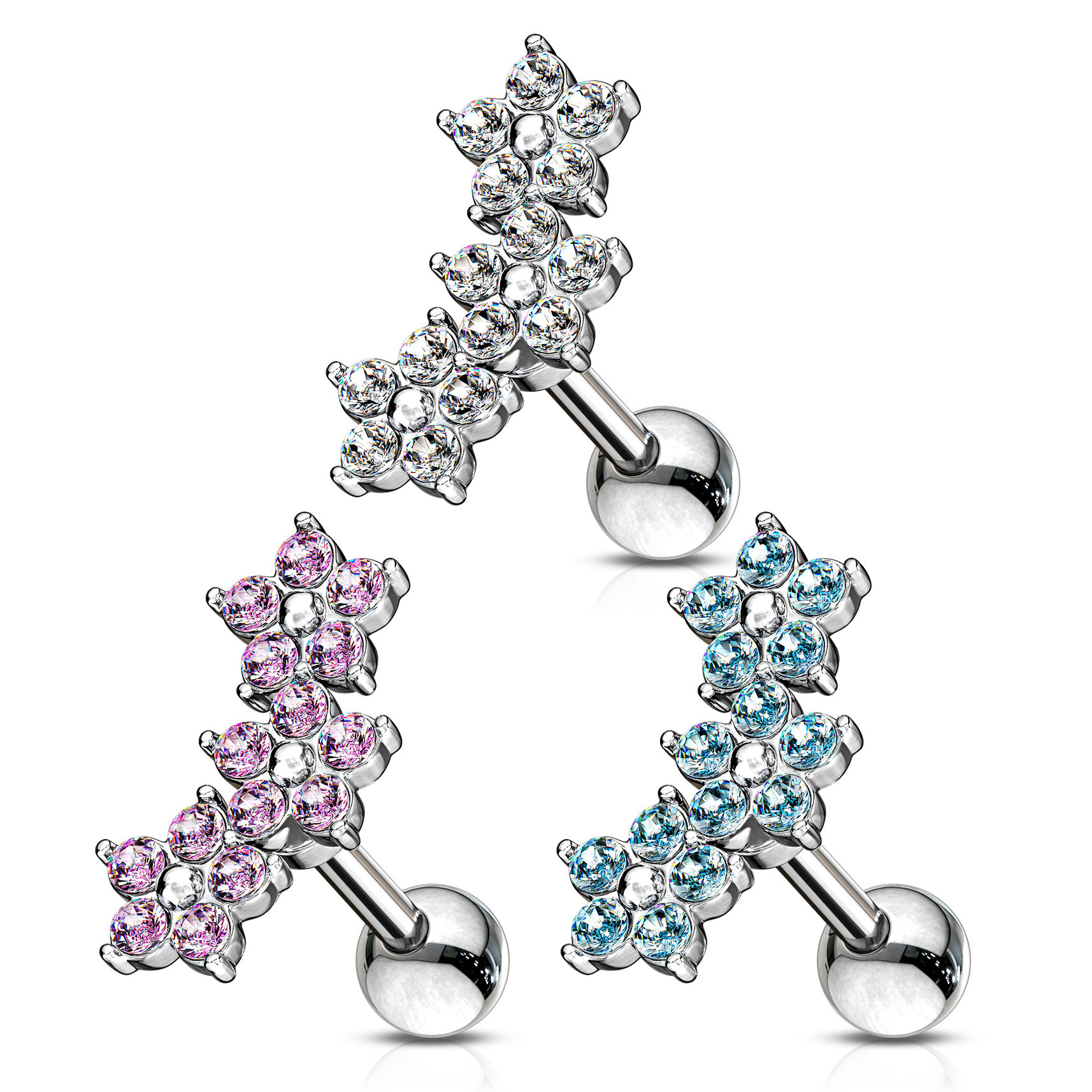 Orelha barbell com cluster de flores e pedras