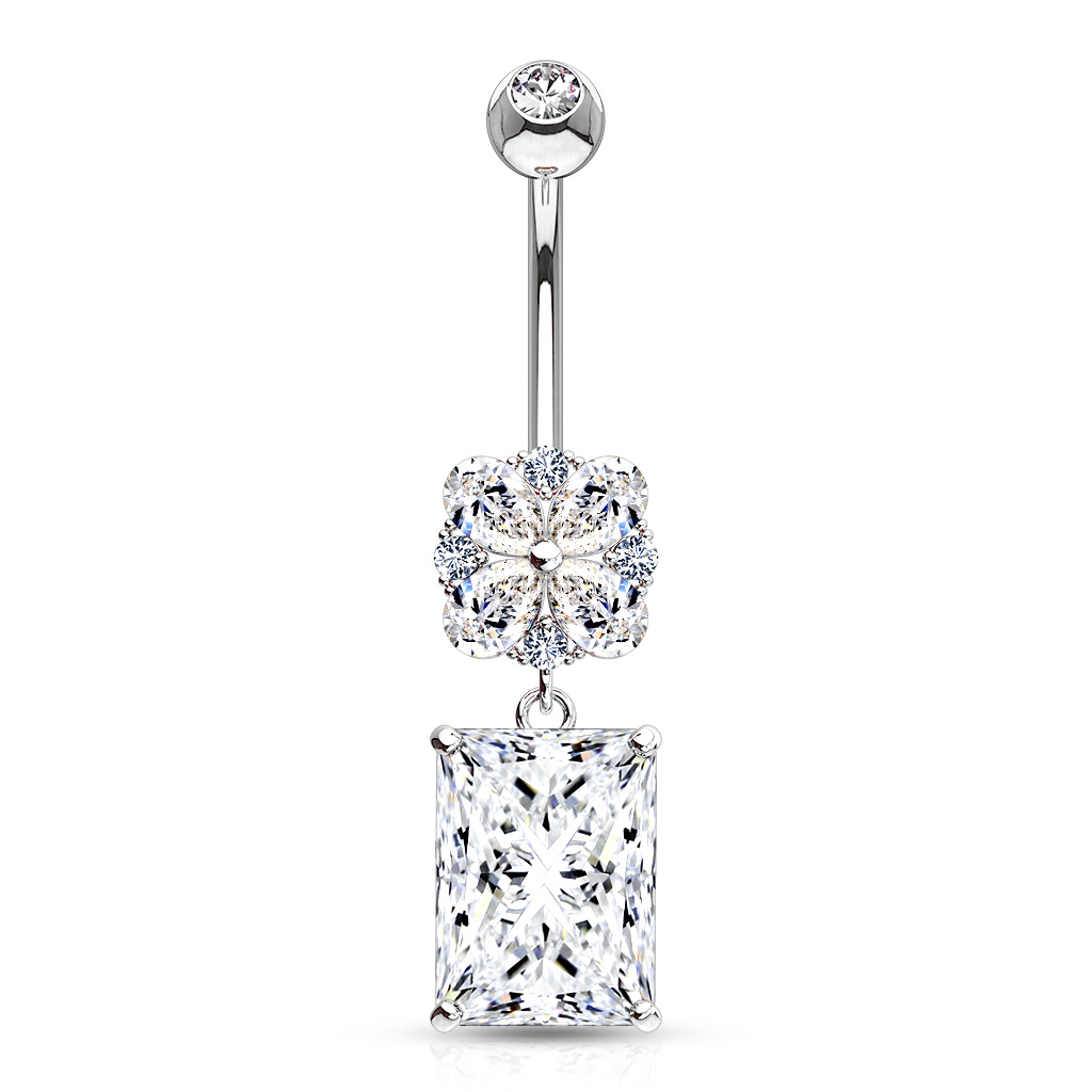 Umbigo piercing de ouro 14 quilates com uma flor e uma pedra quadrada