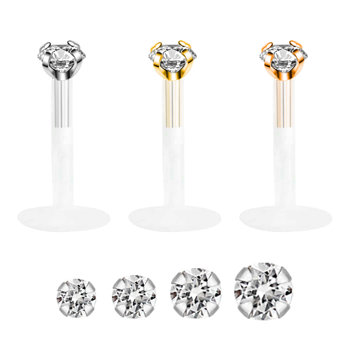 Labret em ouro de 14 quilates com brilhante redondo e barra ptfe