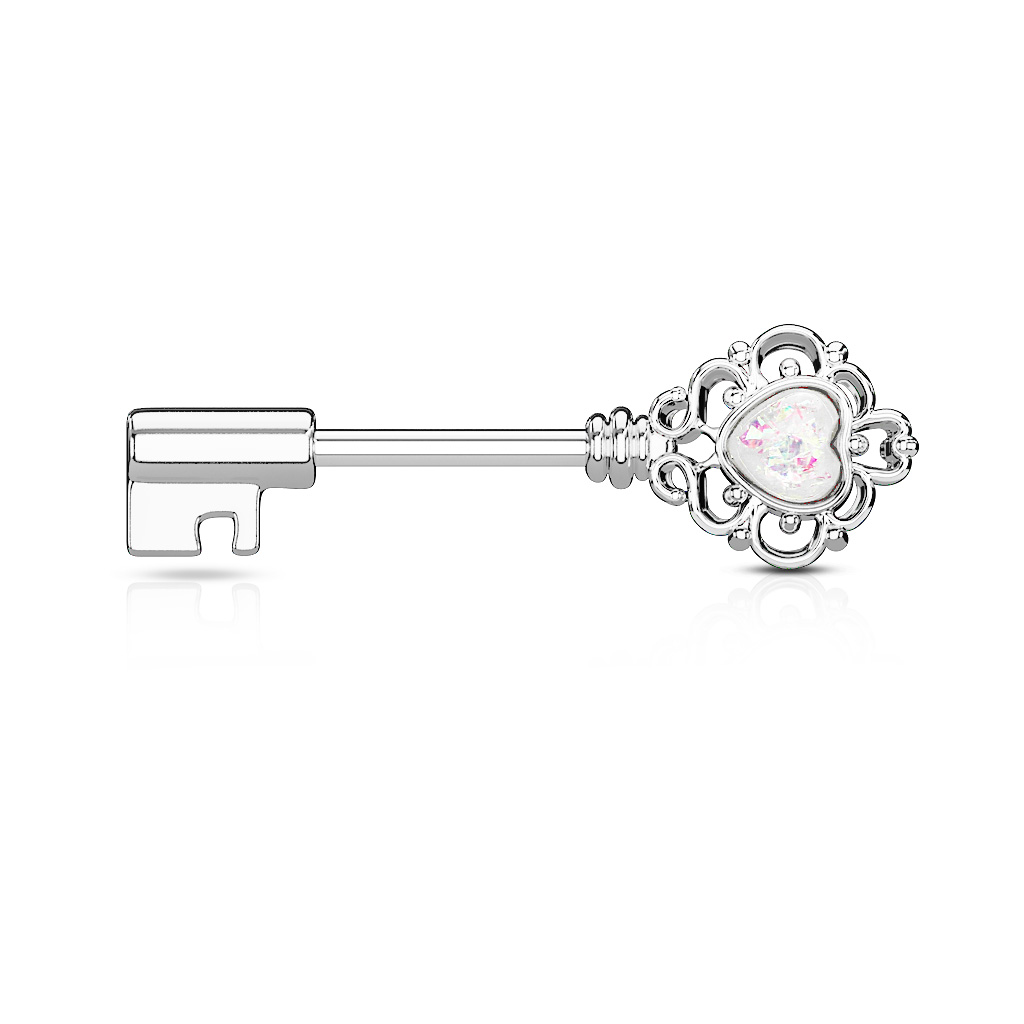 Mamilo piercing em forma de chave com opala em forma de coração 