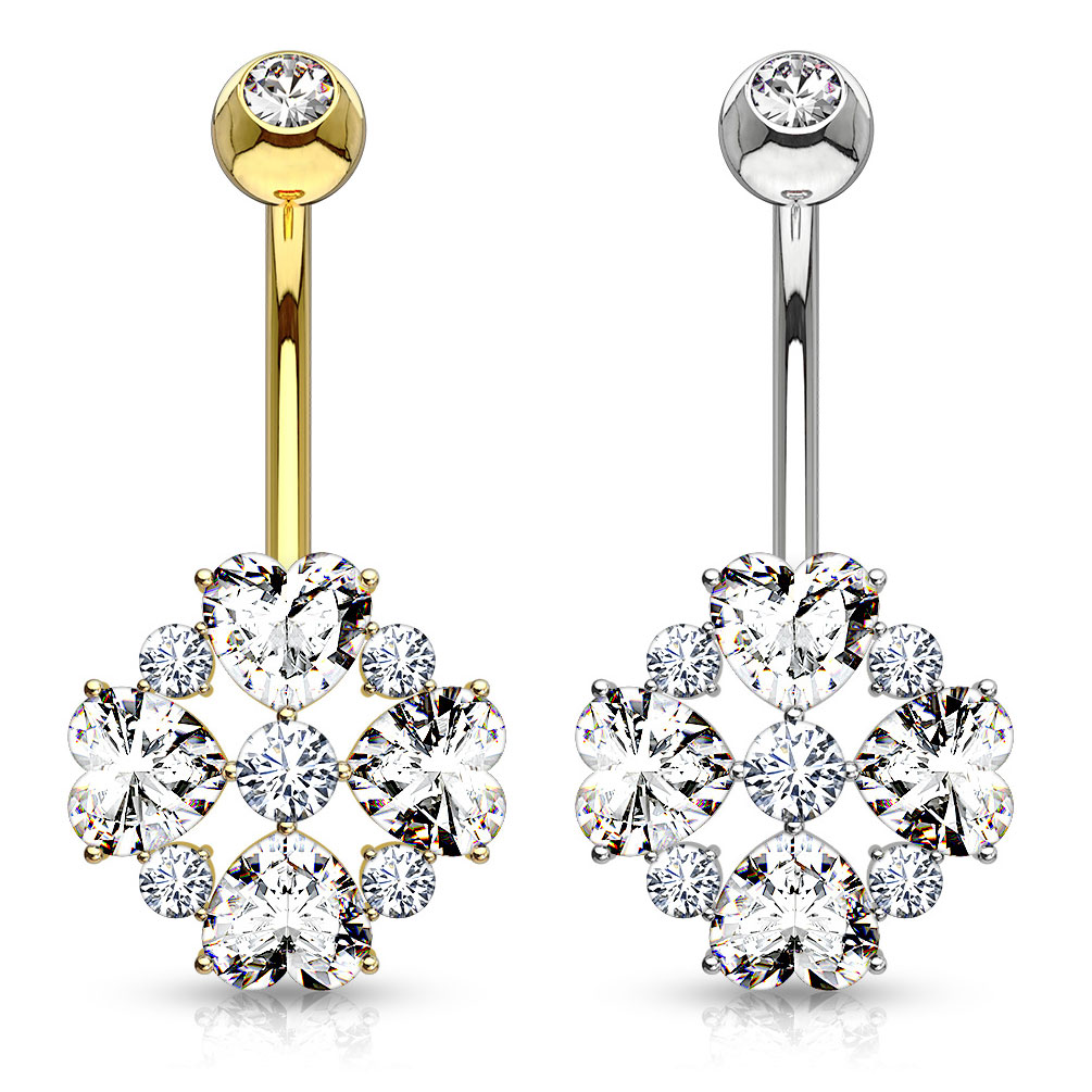 Umbigo piercing de ouro 14 quilates com flor e pétalas em formato de coração