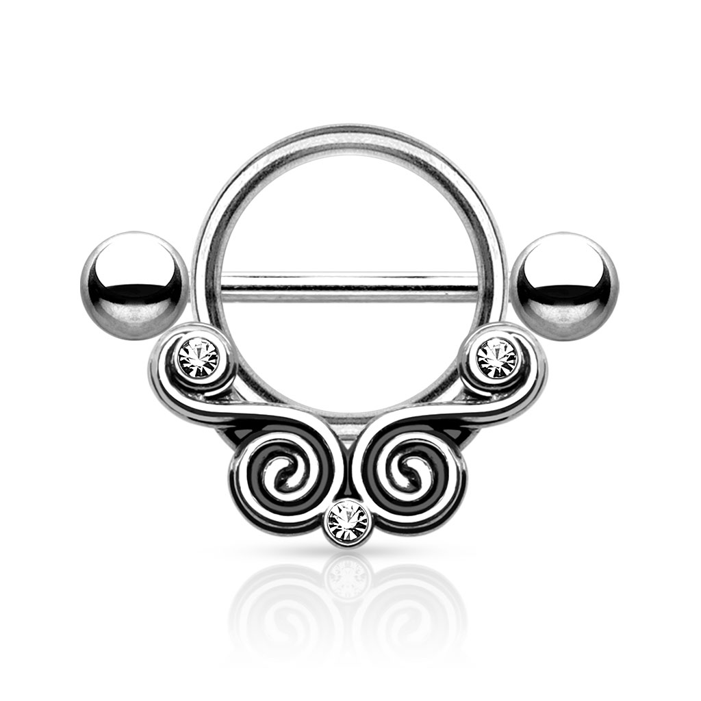 Mamilo piercing com pedras e design ornamentado