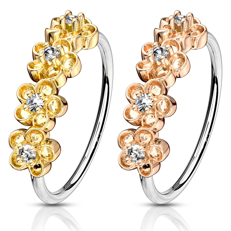 Argola com quatro flores laterais com pedras